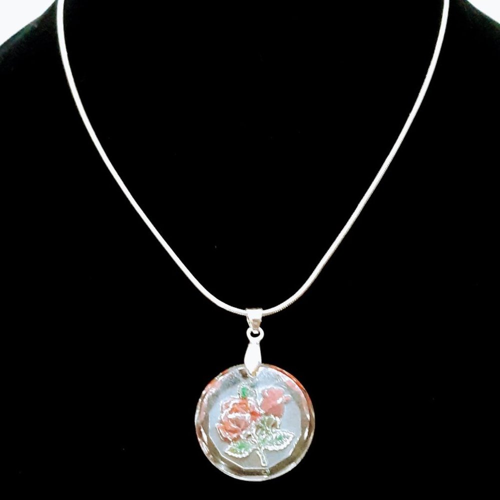 Vintage German Glass Back Etched Rose Pendant